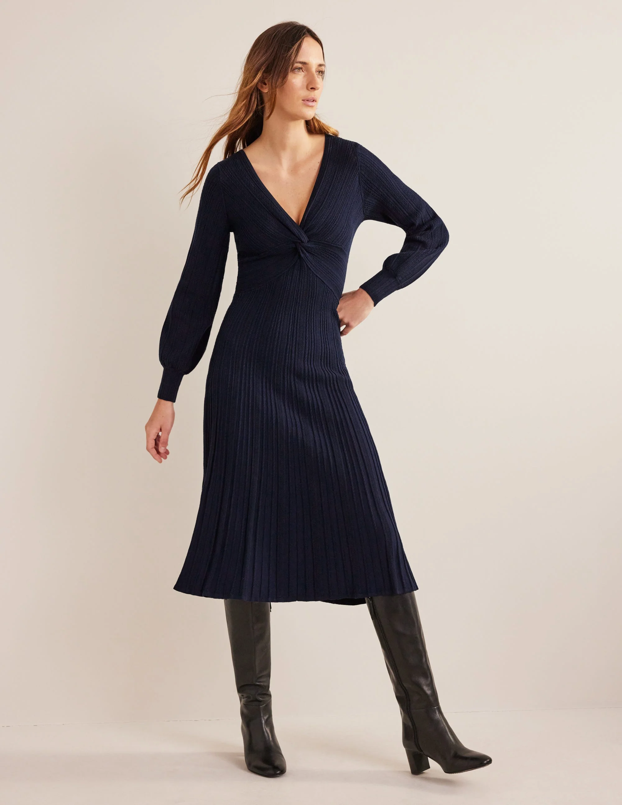 Twist Front Knitted Midi Dress-Navy