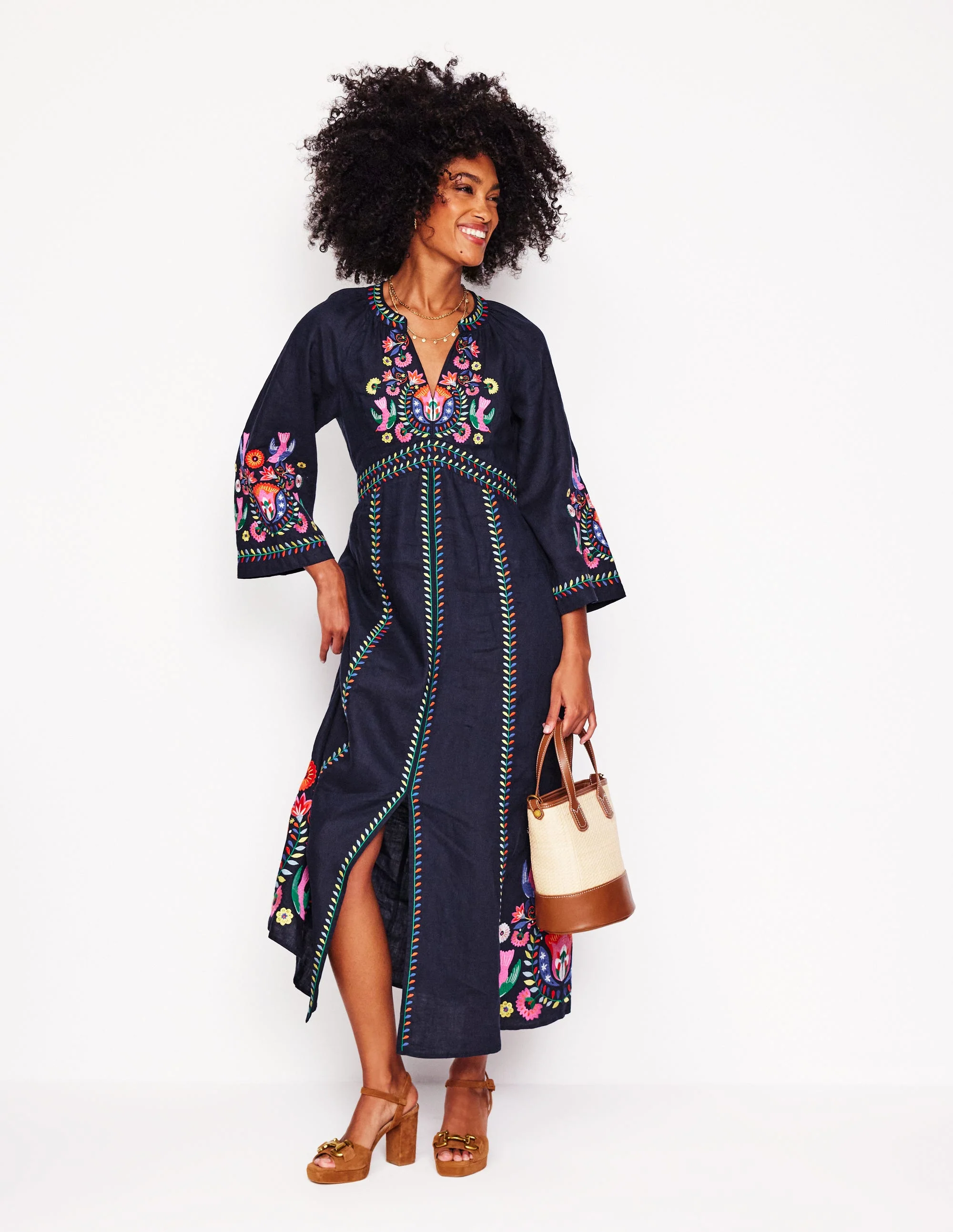 Una Linen Midi Dress-Navy, Multi Embroidery - Image 5