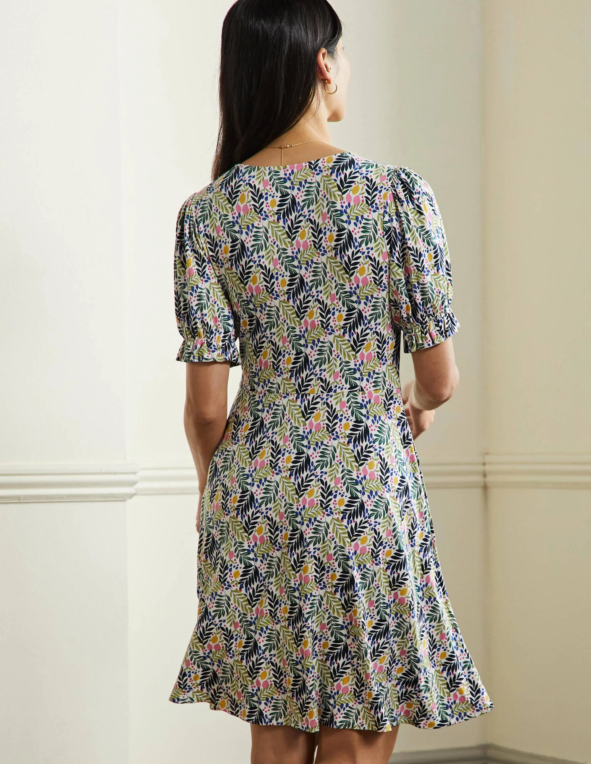 V-Neck Jersey Dress-Multi, Lemon Foliage - Image 3