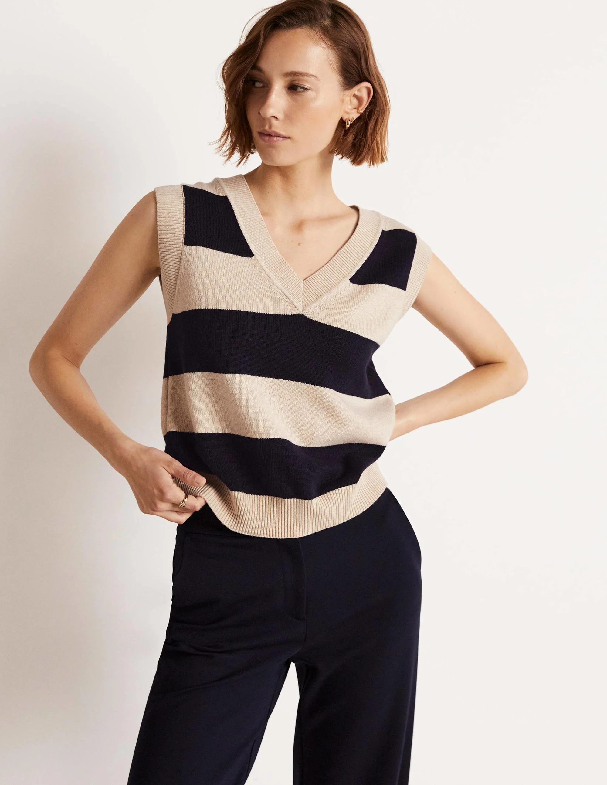 V-neck Knitted Tank Top-Navy/Oatmeal Melange Stripe - Image 4