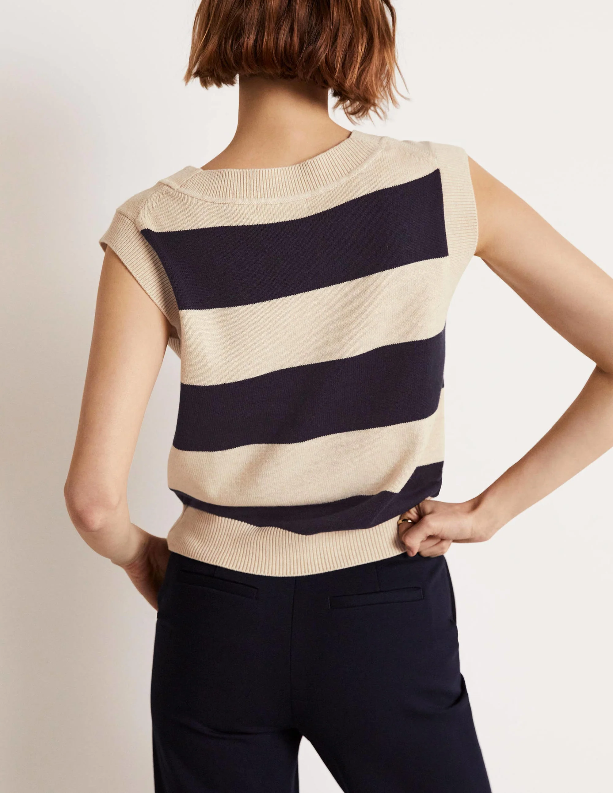 V-neck Knitted Tank Top-Navy/Oatmeal Melange Stripe - Image 8