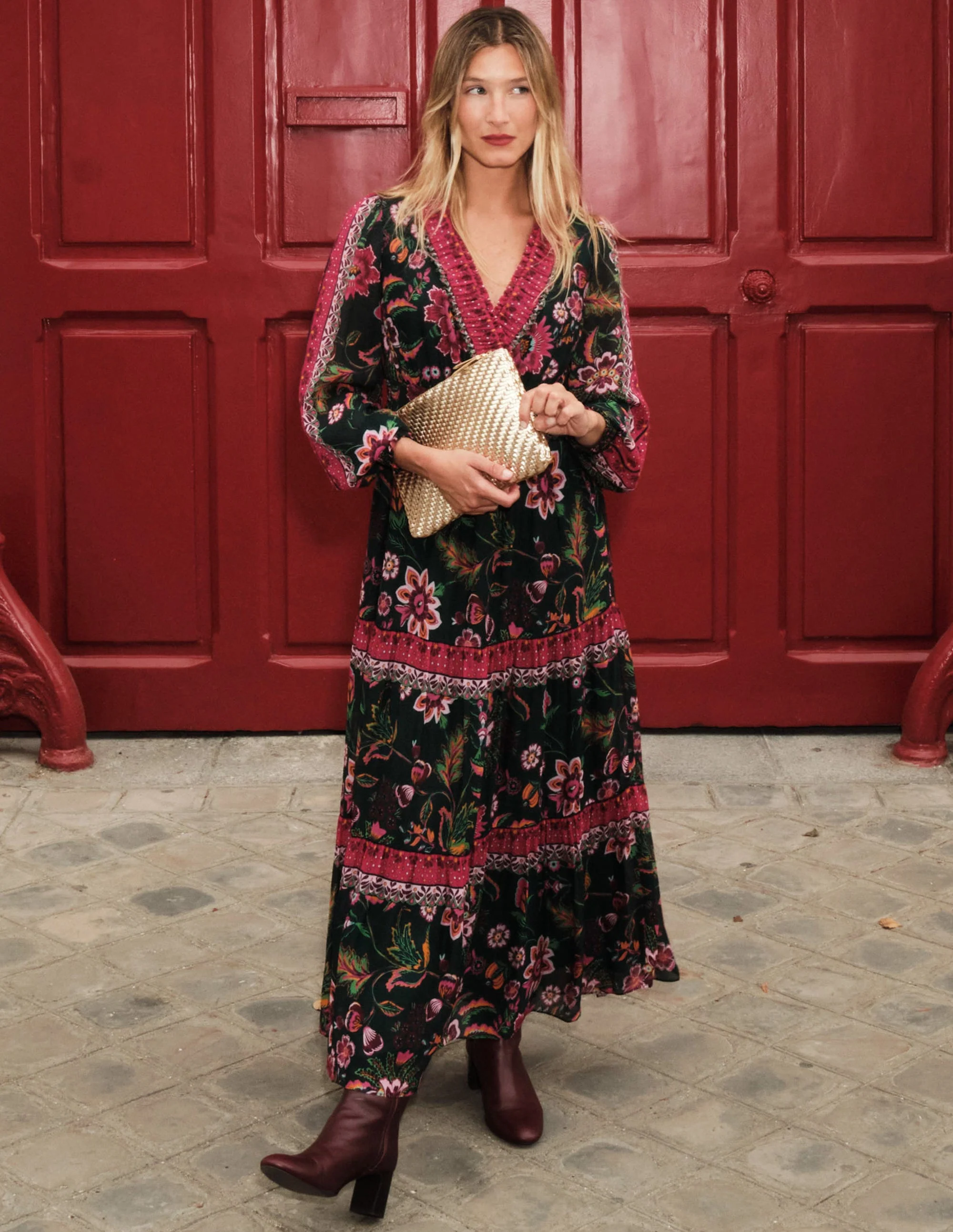 V-Neck Ruffle Maxi Dress-Multi, Blossom Flourish - Image 5