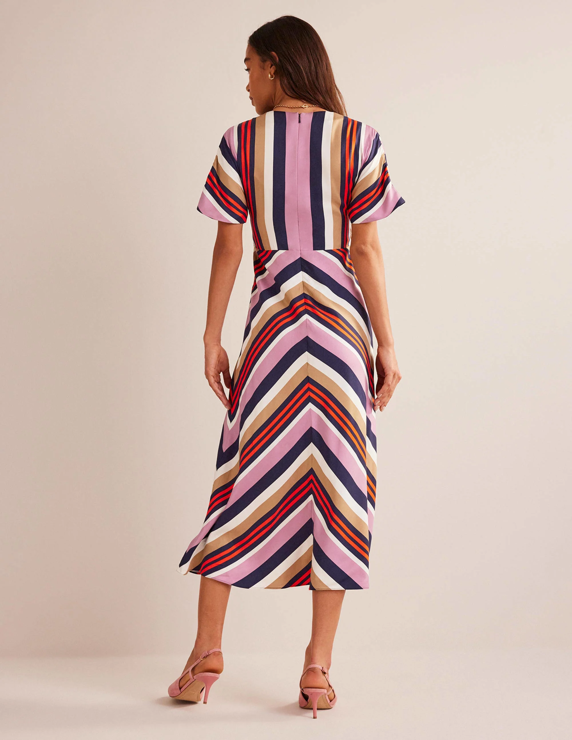 V-Neck Satin Midi Dress-Multi Stripe - Image 3