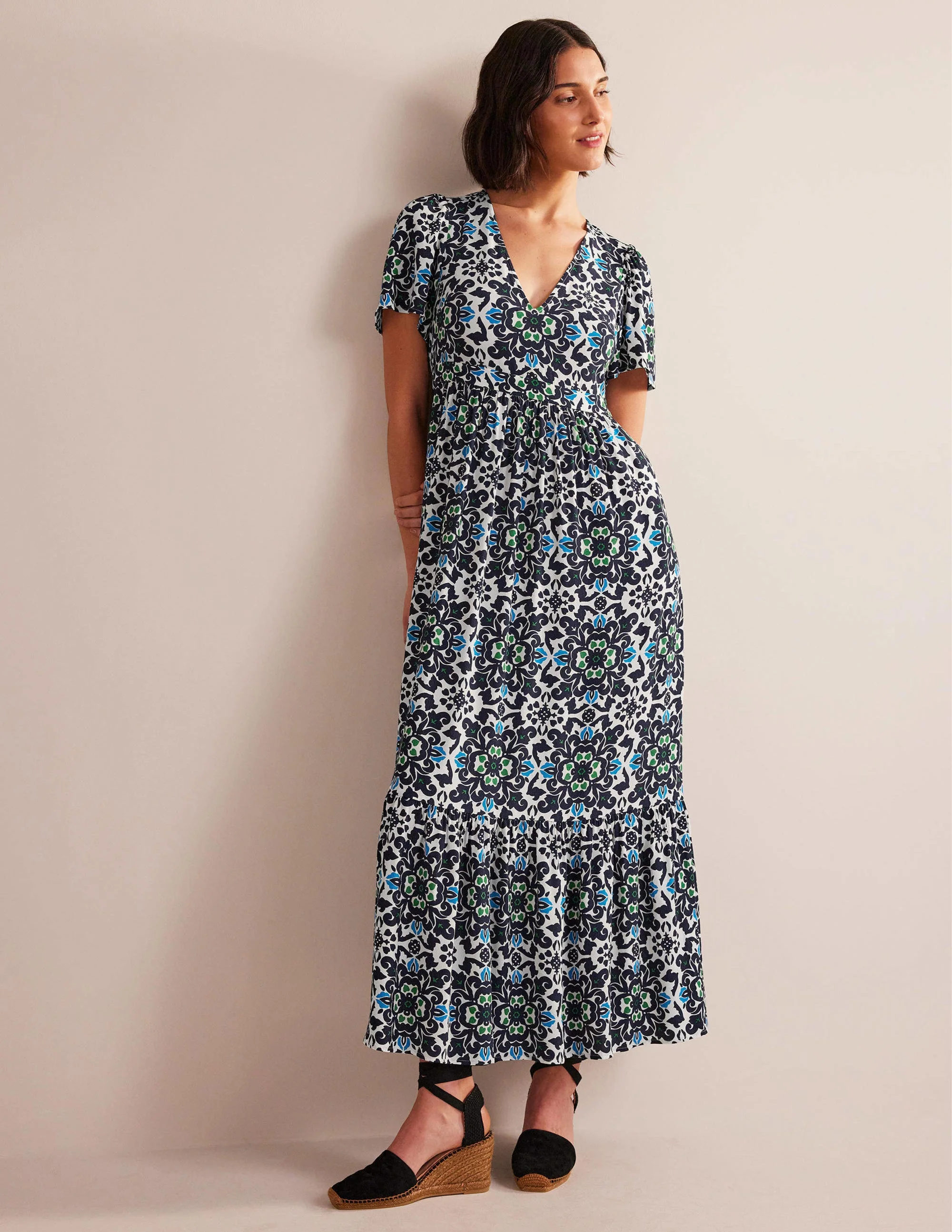 V-neck Tiered Maxi Dress-Navy, Opulent Pome