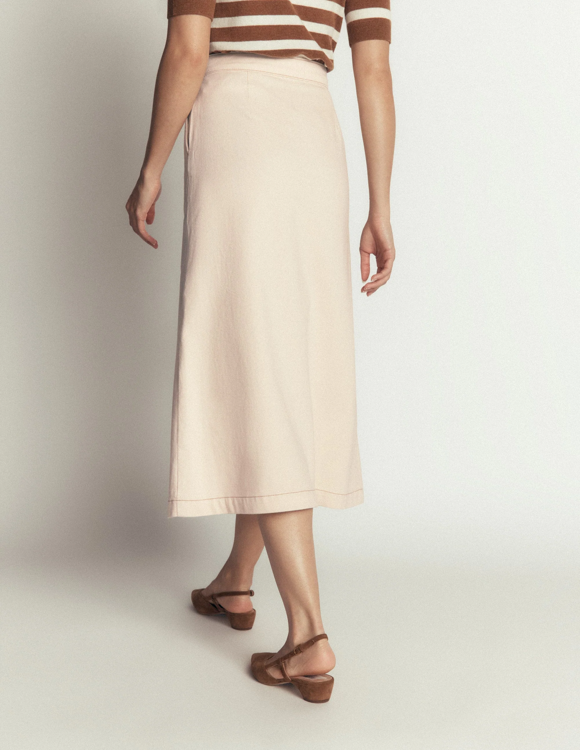 Val Button Denim Midi Skirt-Ecru - Image 3