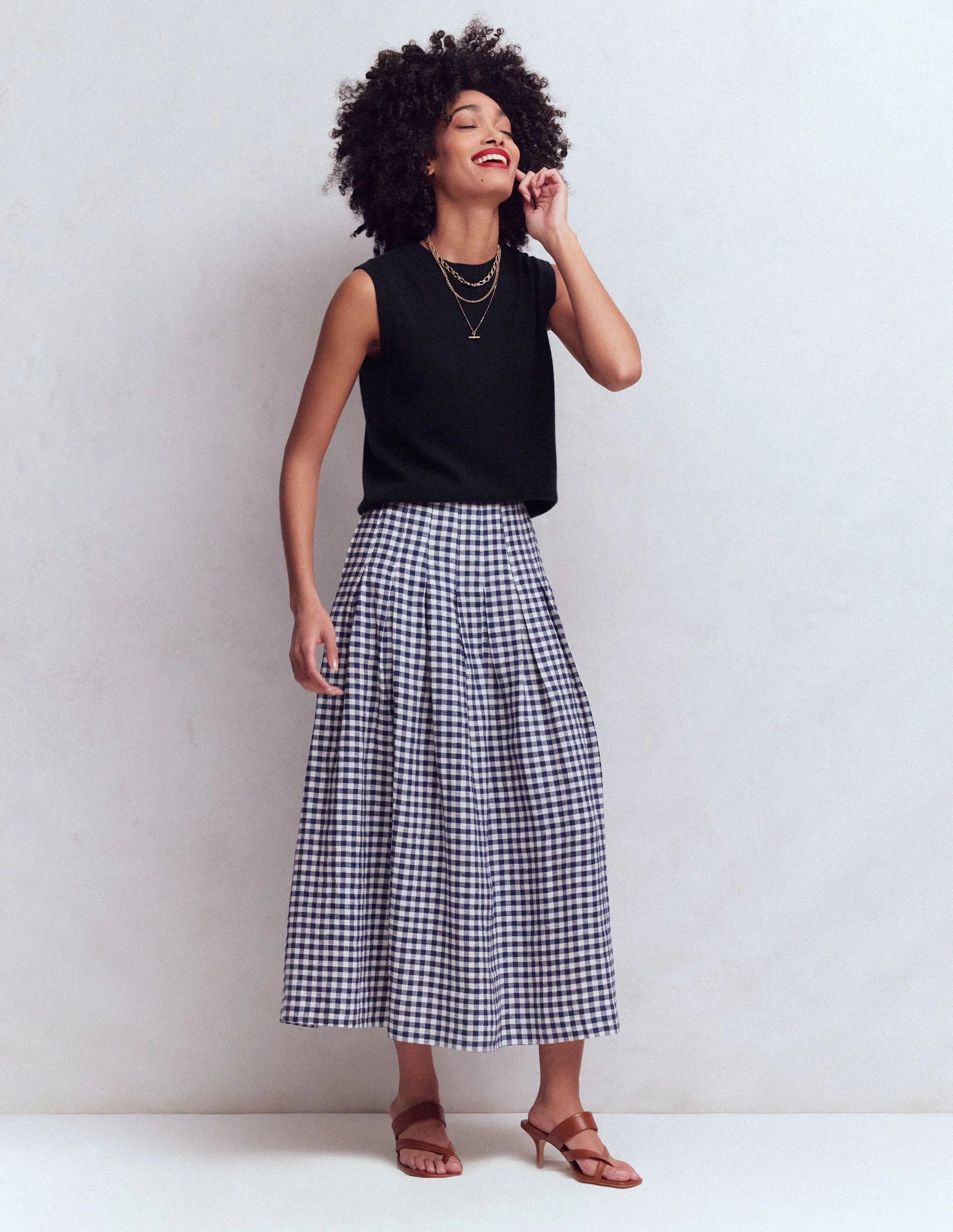 Valentina Linen Skirt-Navy Gingham