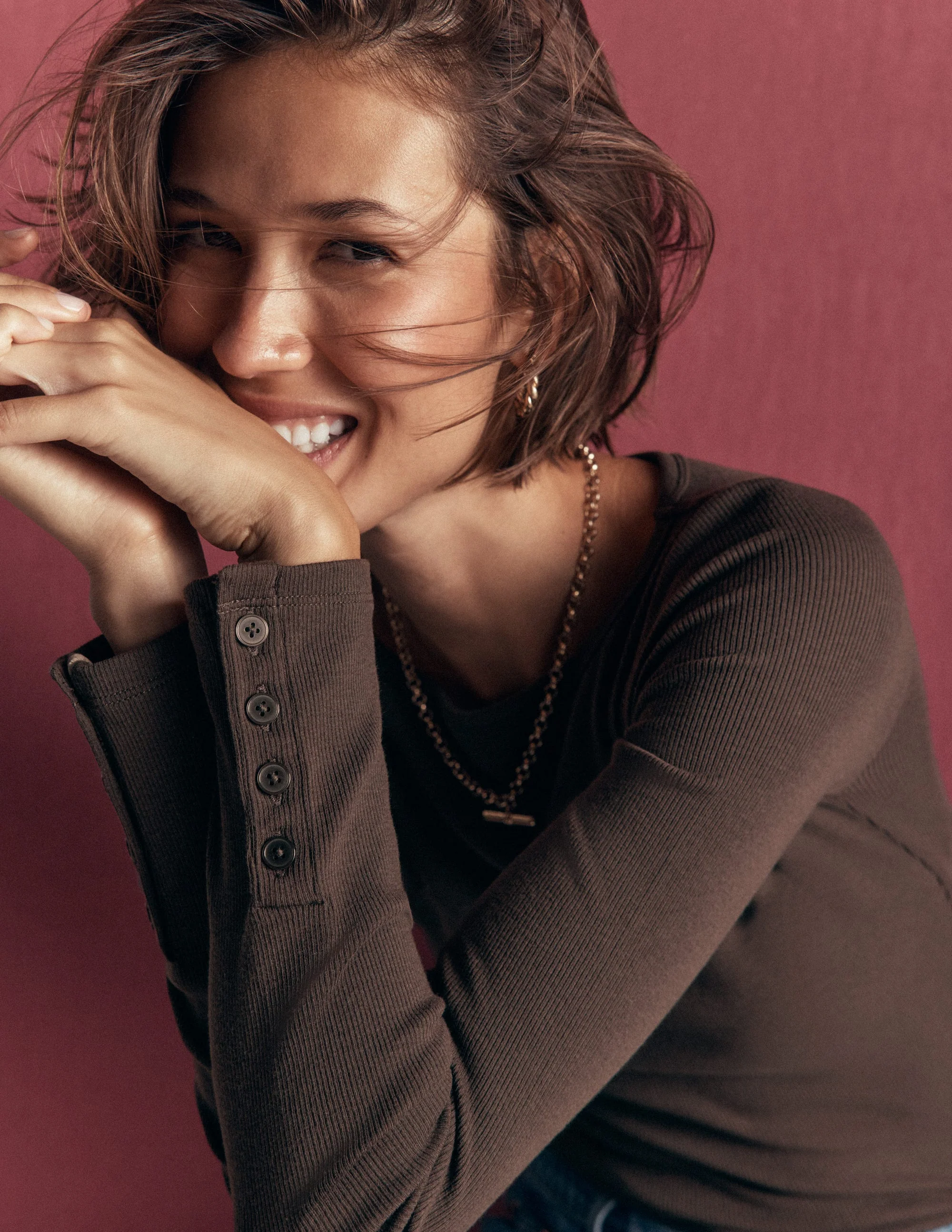 Velvet Button Detail Boatneck-Bitter Chocolate