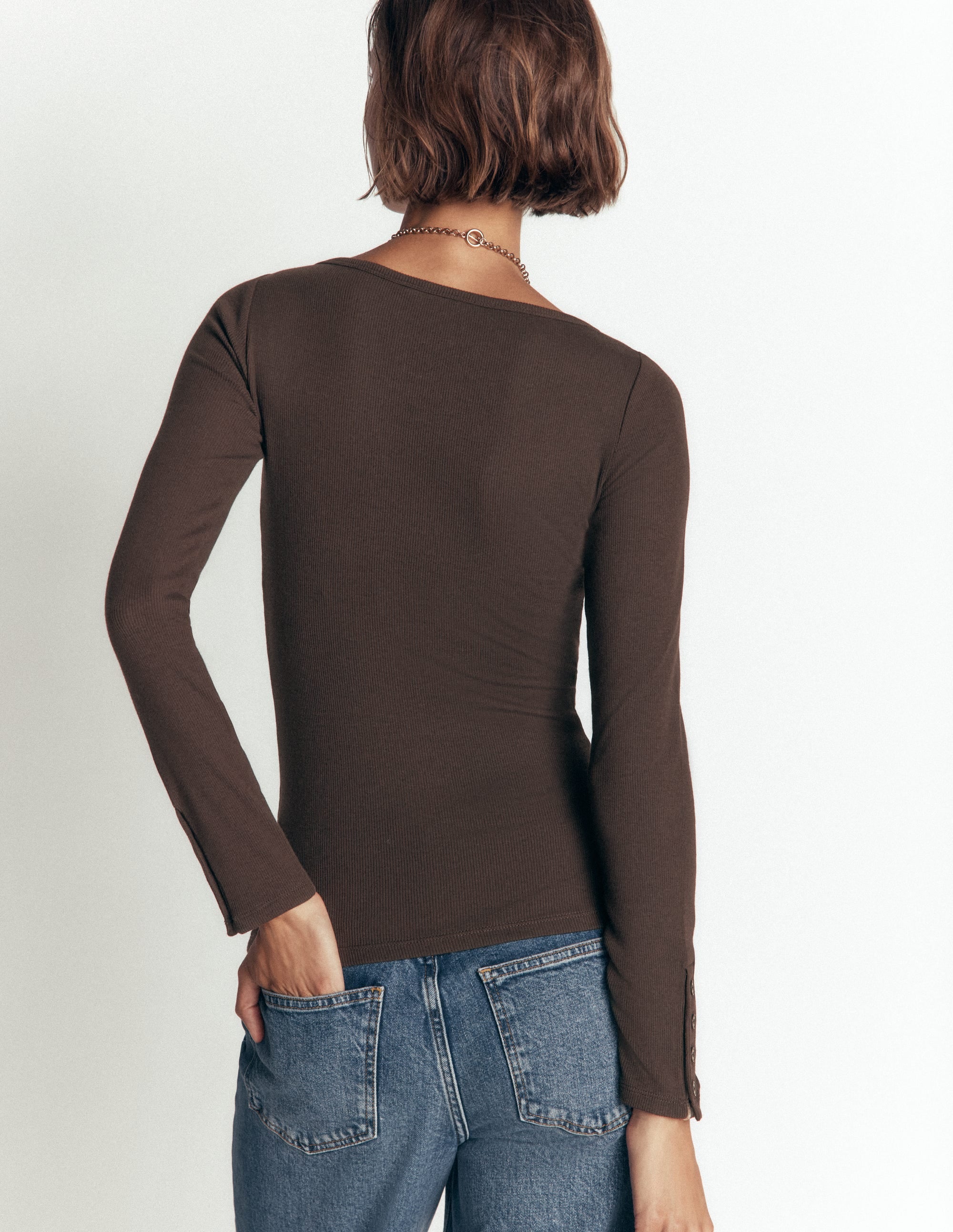 Velvet Button Detail Boatneck-Bitter Chocolate - Image 3