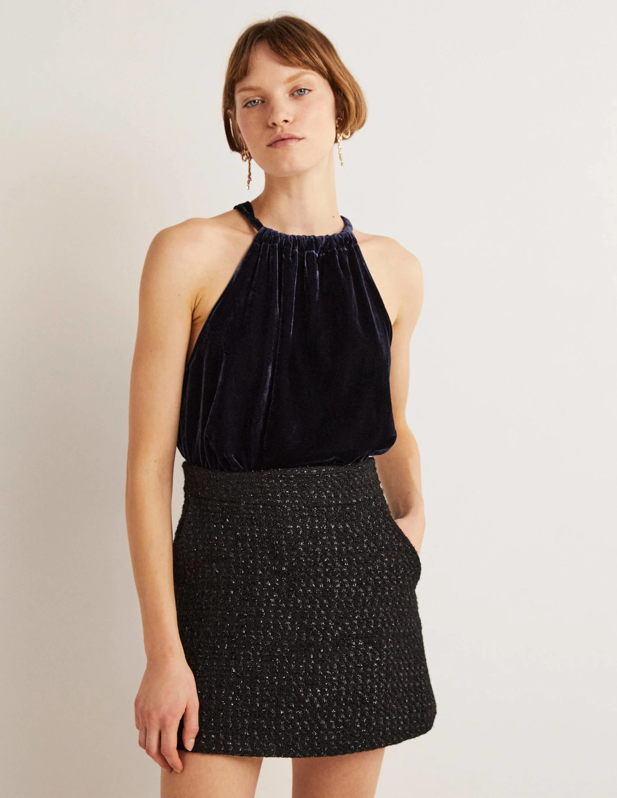 Velvet Halterneck Top-Navy