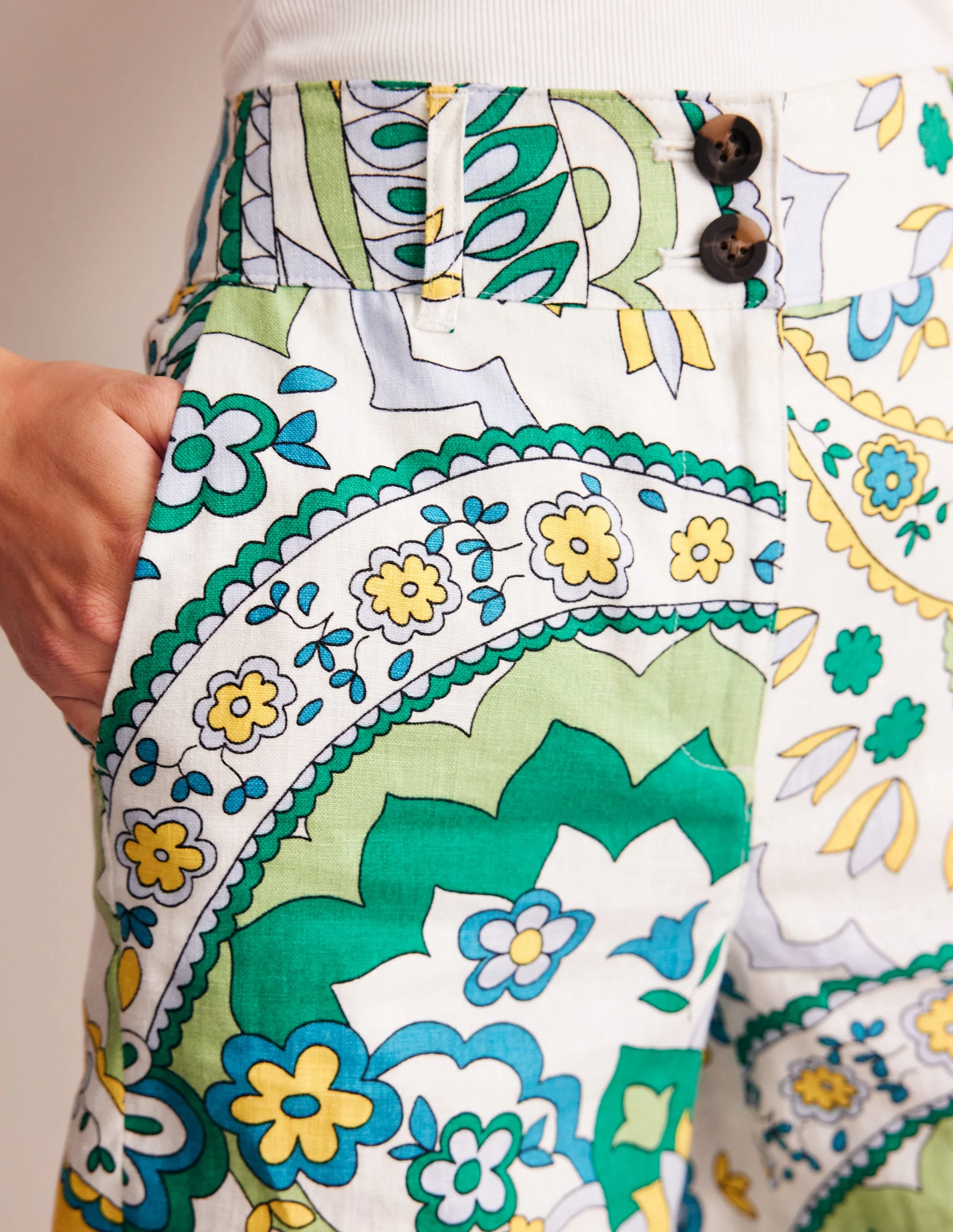 Westbourne Linen Shorts-Emerald, Foliage Paisley - Image 2