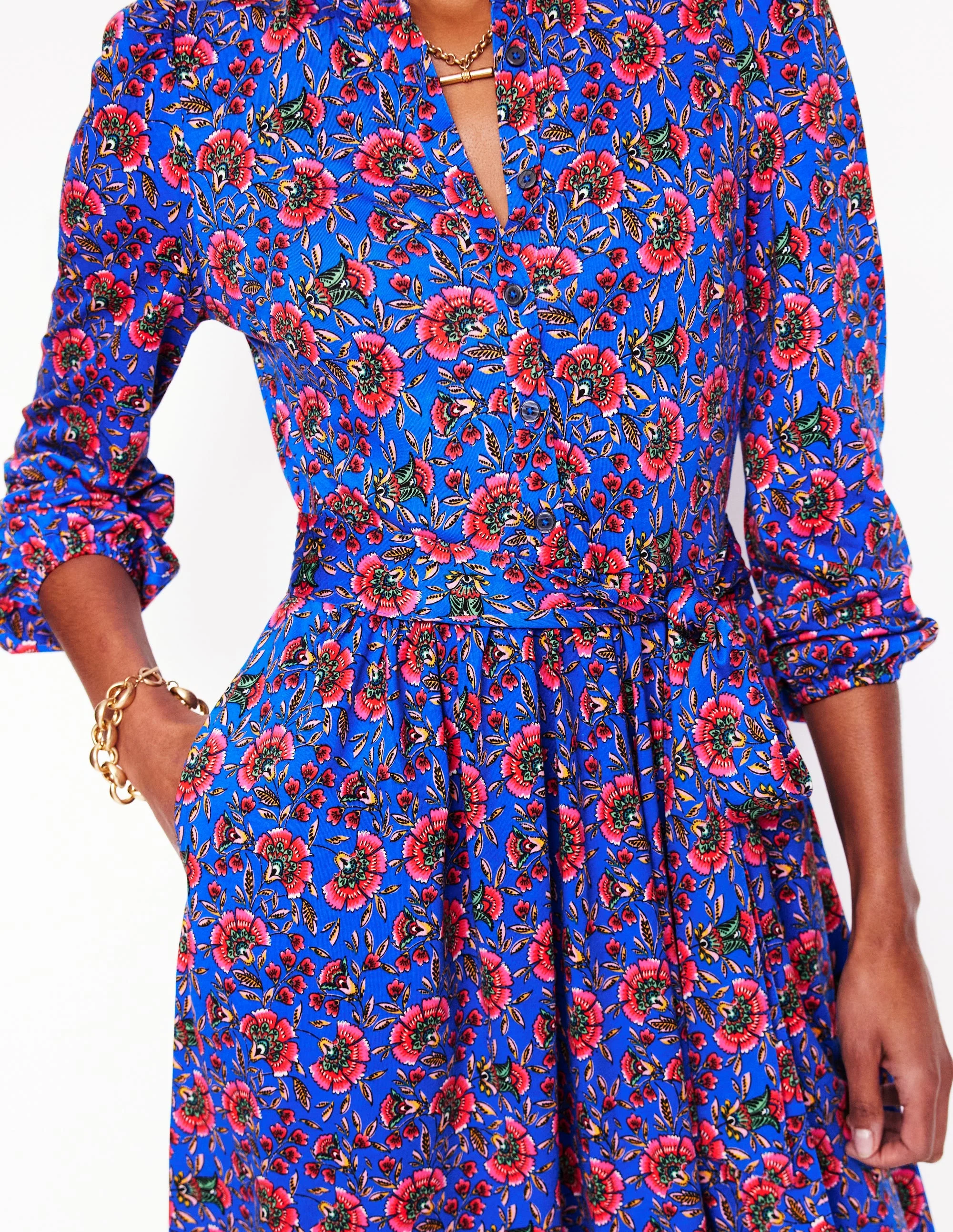 Willow Ruffle Neck Shirt Dress-Gallery Blue, Decorative Vine - Image 2