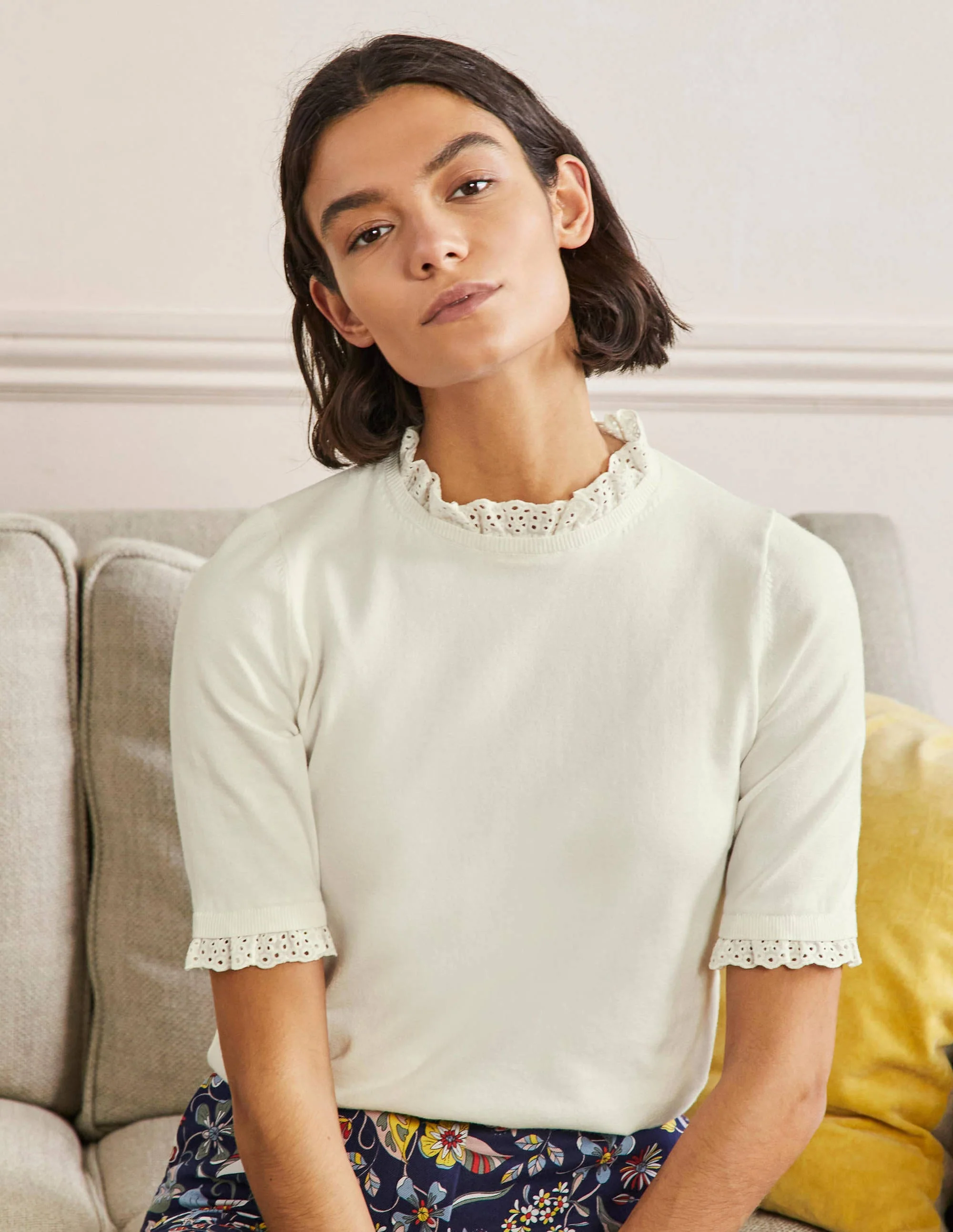 Woven Mix Knitted T-Shirt-Ivory - Image 4