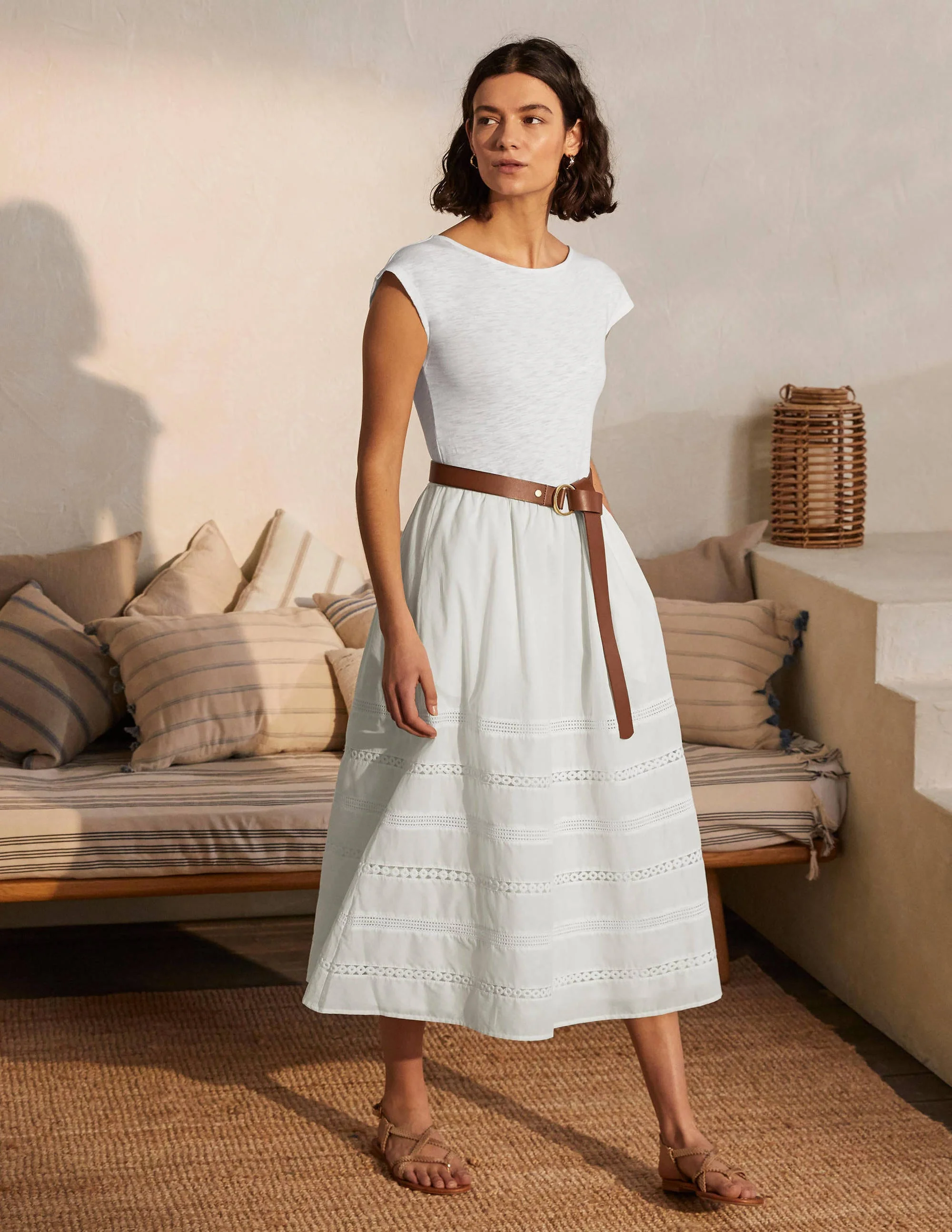 Woven Mix Trim Detail Dress-White
