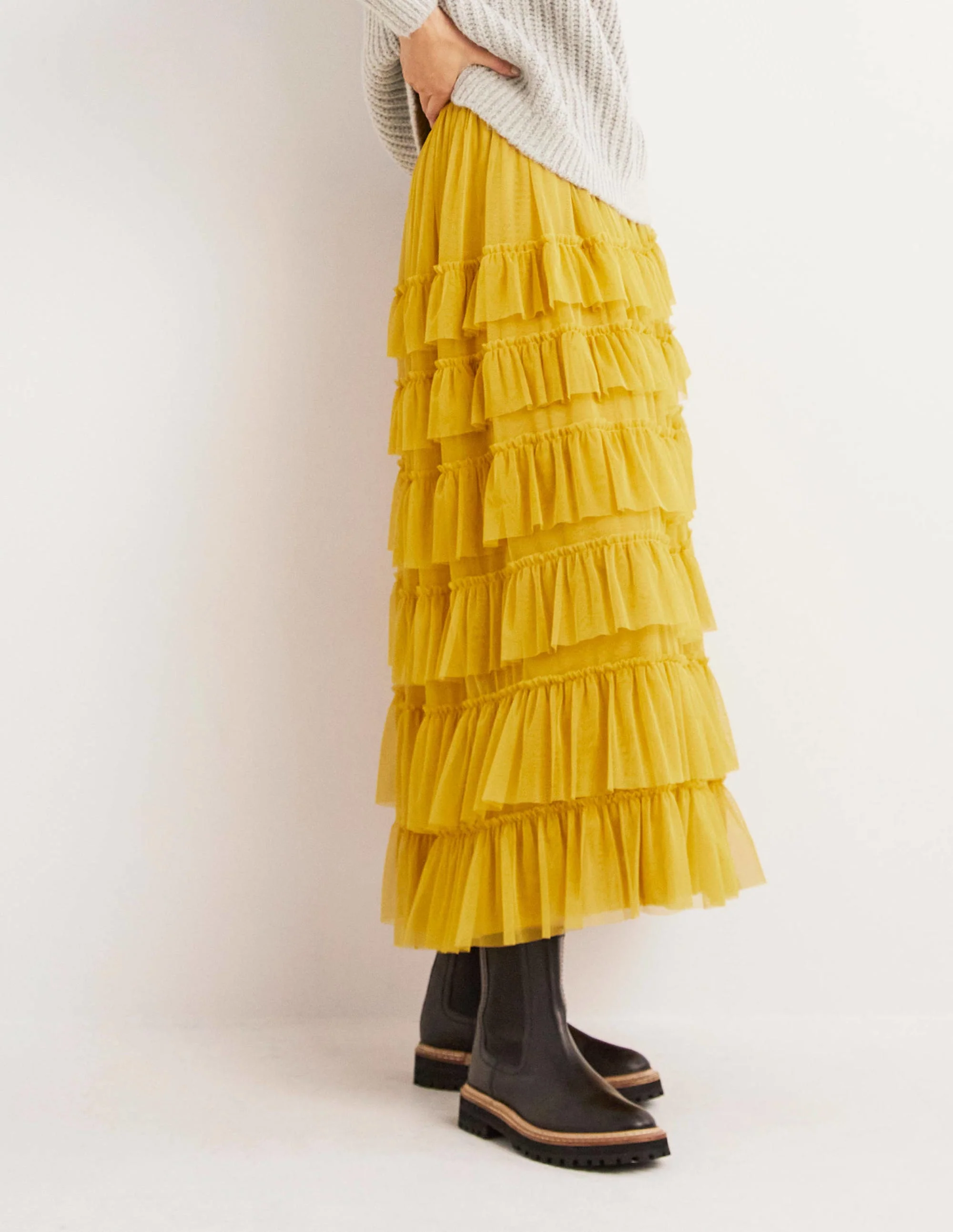 Yellow Ruffle Tulle Midi Skirt-Citronelle - Image 4