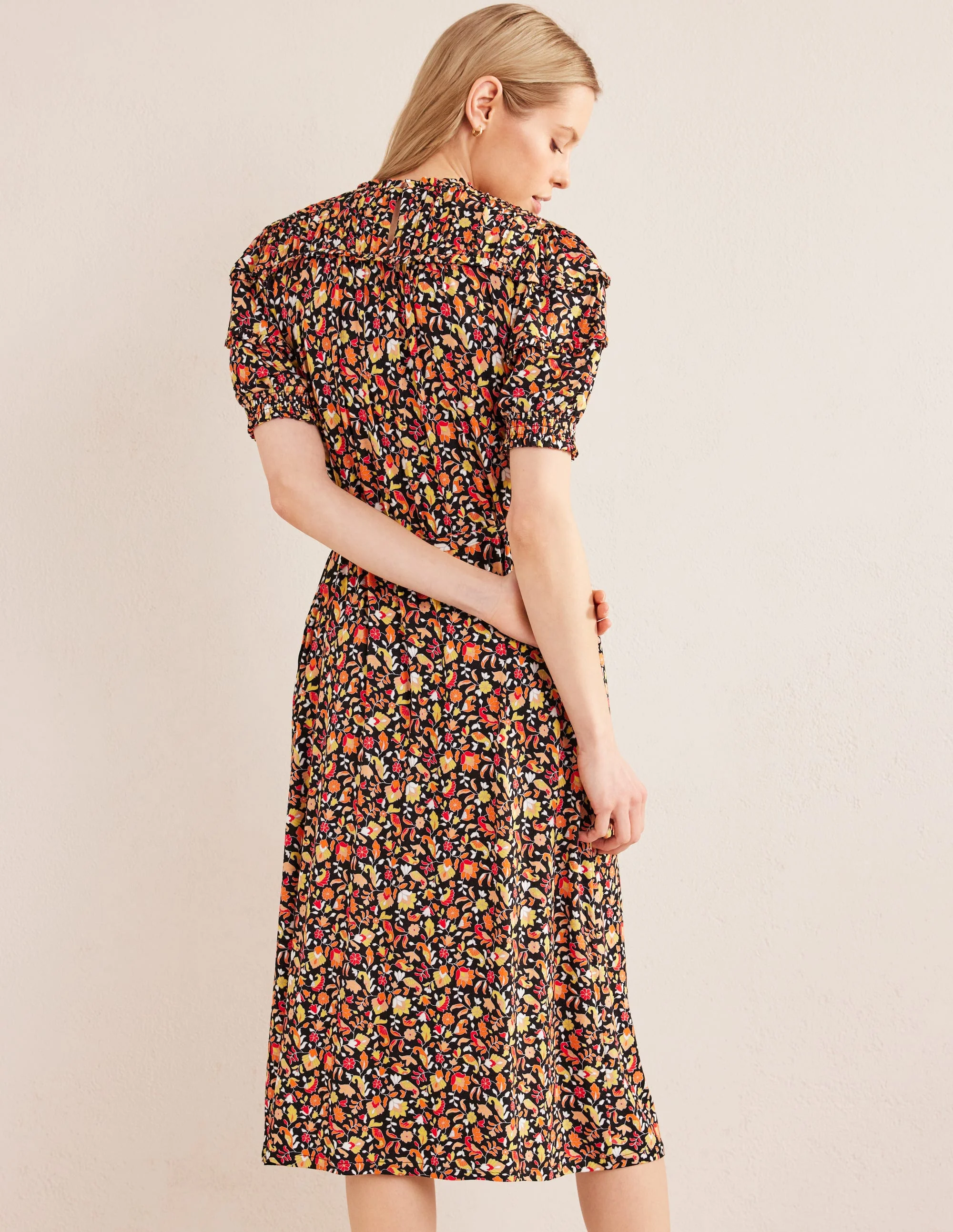 Yoke Detail Jersey Midi Dress-Black, Block Petal - Image 3