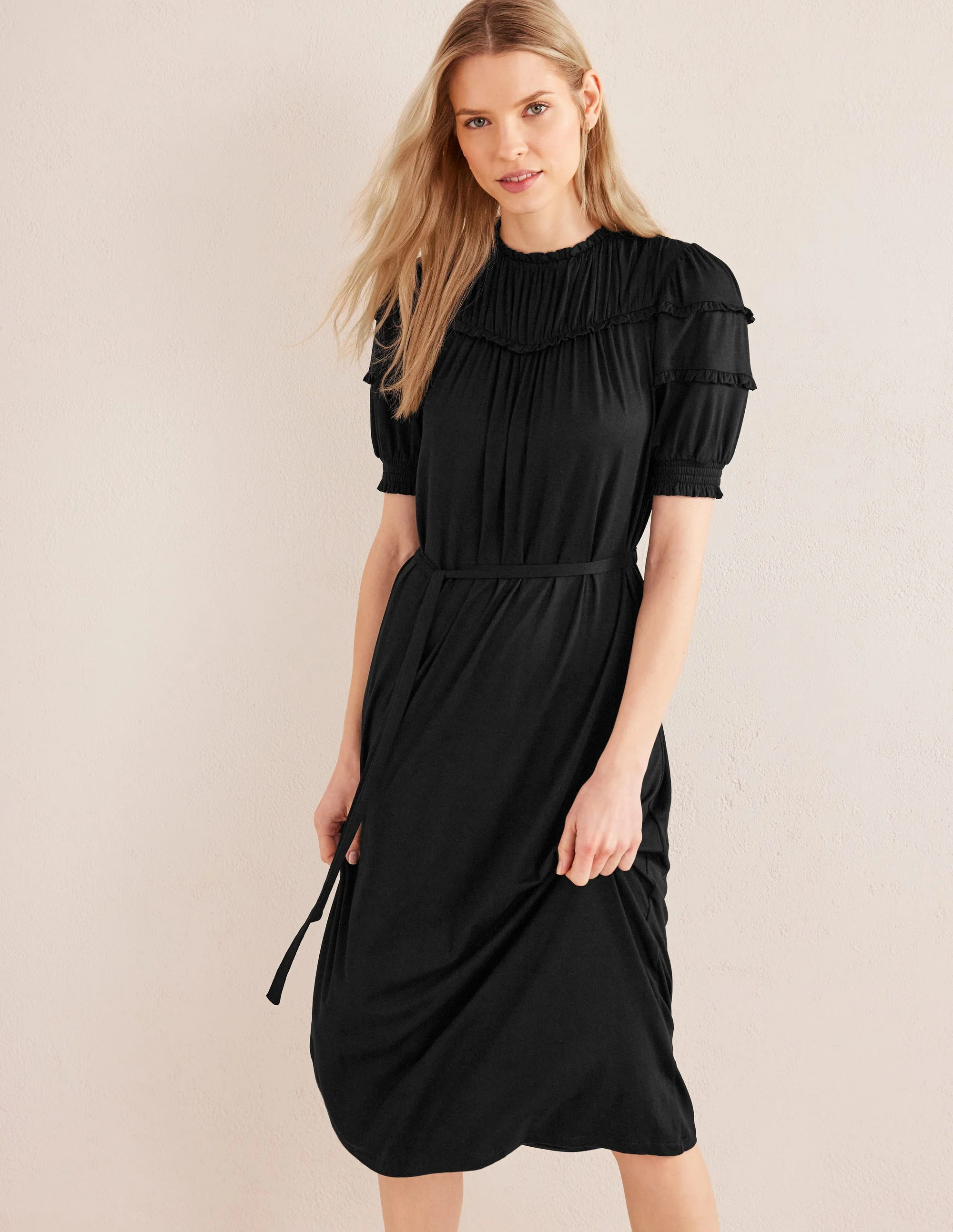 Yoke Detail Jersey Midi Dress-Black