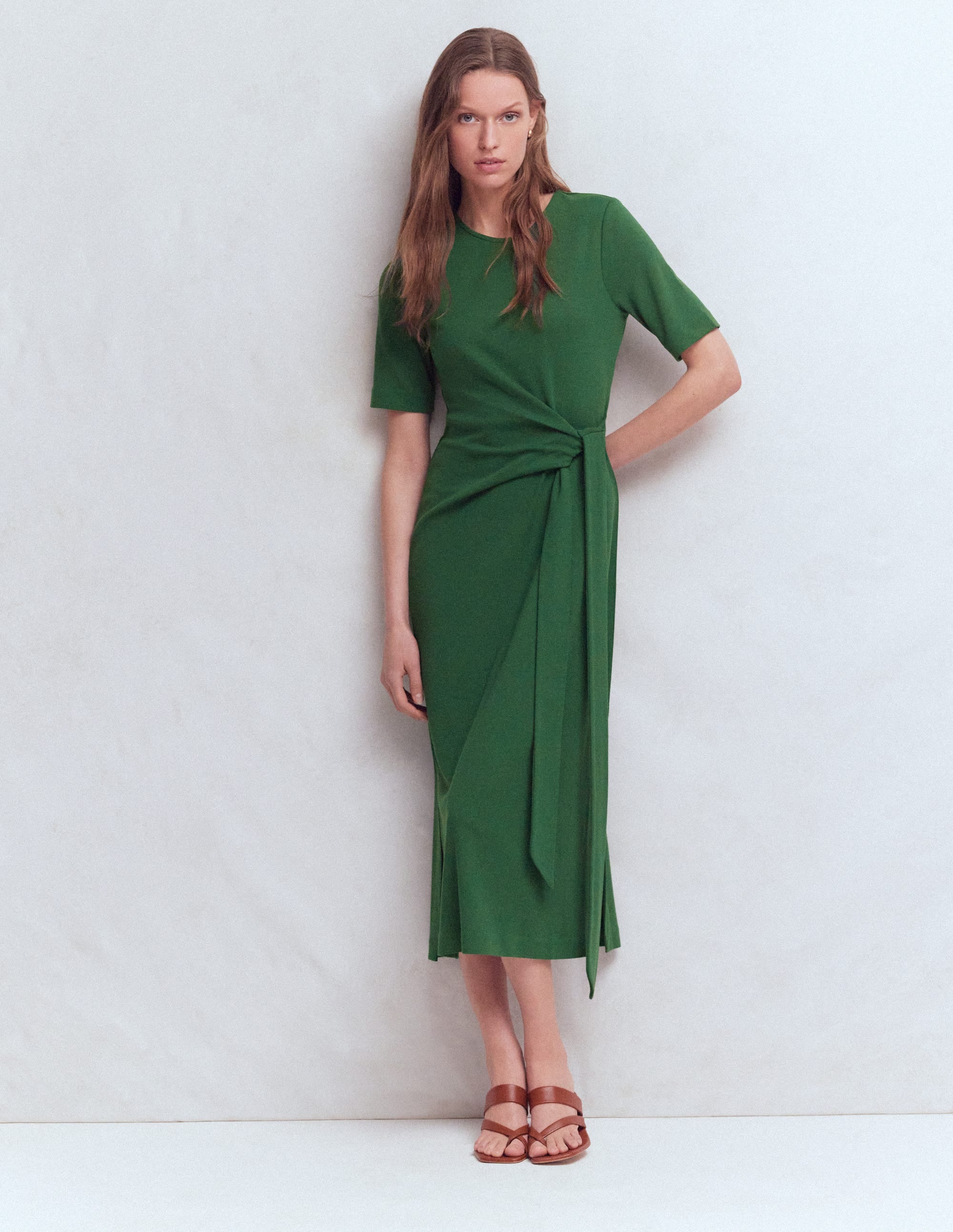 Zinnia Tie Jersey Midi Dress-Hunter Green - Image 5