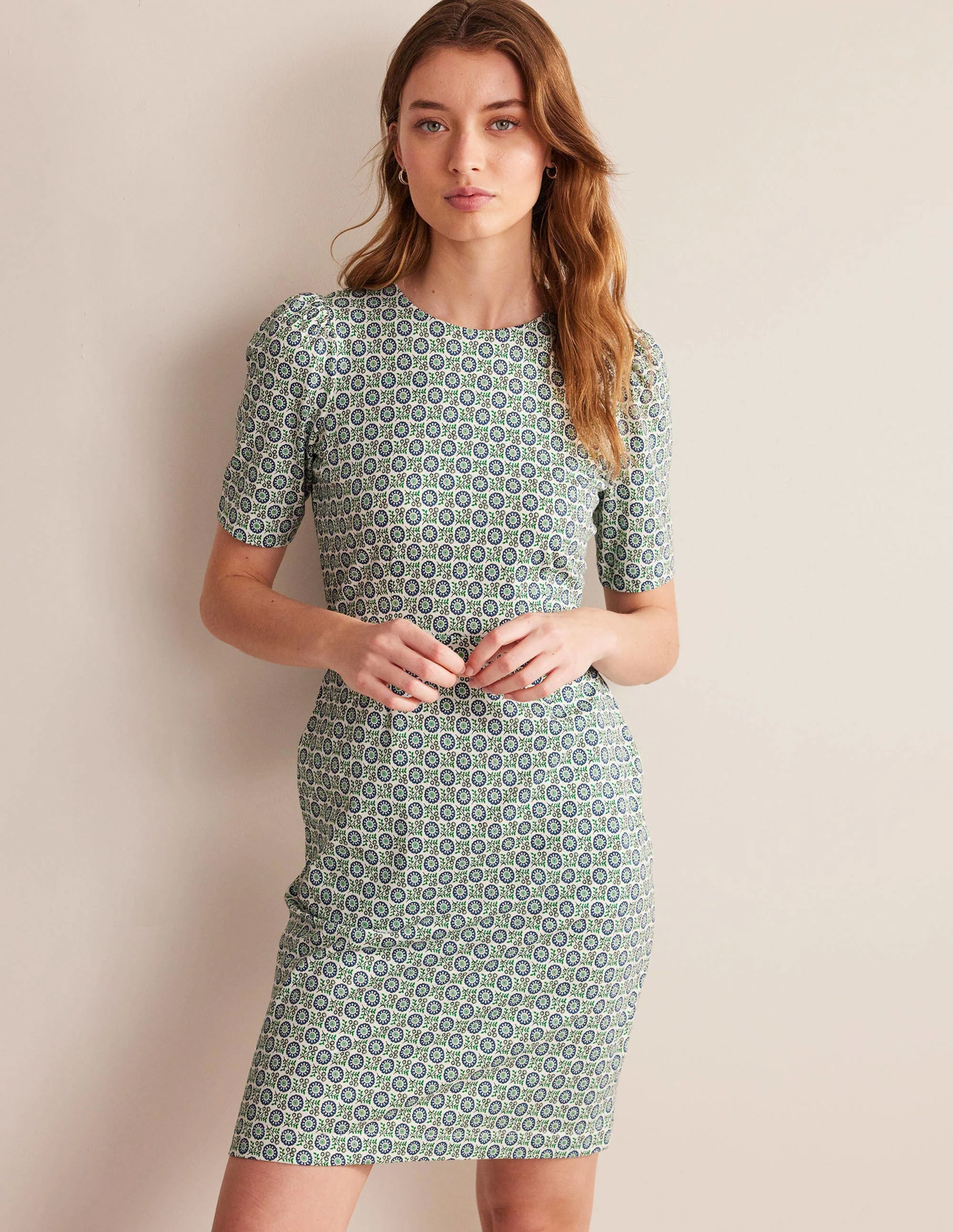 Zoe Jersey Dress-Aegean Blue, Sunflower Sprig - Image 4